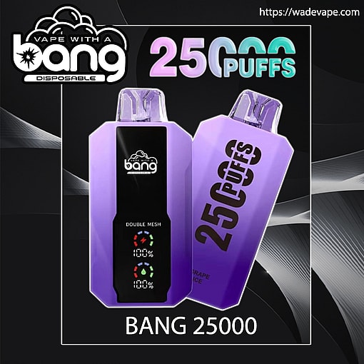 Two purple Bang disposable vape devices against a dark, wavy background, one front-facing with a black display reading "double mesh" and battery icons and the other angled to show large "25 Puffs" text and BANG 25000 branding.