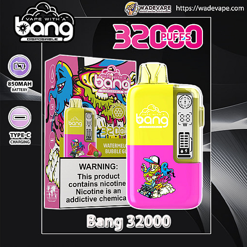 Bright yellow-and-pink Bang disposable vape device alongside its matching box on a dark promotional background, prominently labelled 32000 PUFFS with watermelon bubble gum flavour, colorful cartoon artwork, 850mAh and Type-C charging icons, a digital display on the device and a nicotine warning panel on the box.