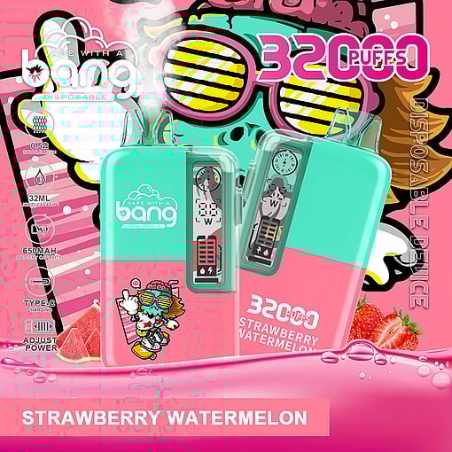 Bright pink-and-teal packaging for a disposable "bang" vape marked 32000 puffs and strawberry watermelon, showing two transparent-topped rectangular devices with digital displays, a cartoon character wearing shutter shades, and strawberry and watermelon illustrations against a pop-art background.