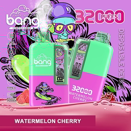Colourful promotional image of two green-and-pink Bang disposable vape devices labelled Watermelon Cherry with a digital display and a prominent "32000 puffs" claim, set against a purple graphic background with stylised waves, fruit illustrations and a pink liquid splash.