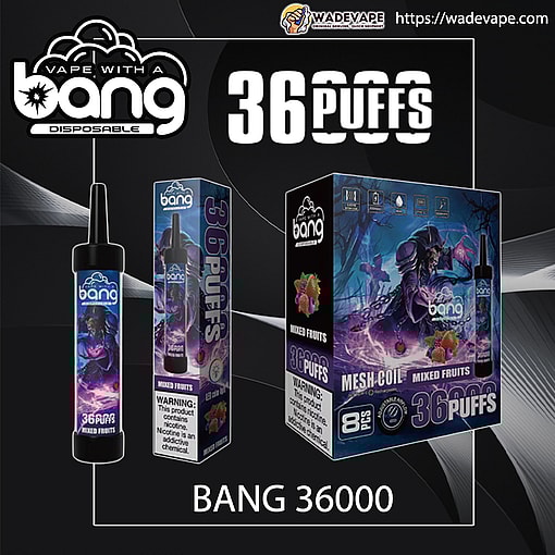 Advertisement showing three views of a Bang disposable vape labelled BANG 36000 and large '36 PUFFS' text, featuring a black cylindrical device and boxed packaging with purple mixed-fruits artwork and branding on a dark stylised background.