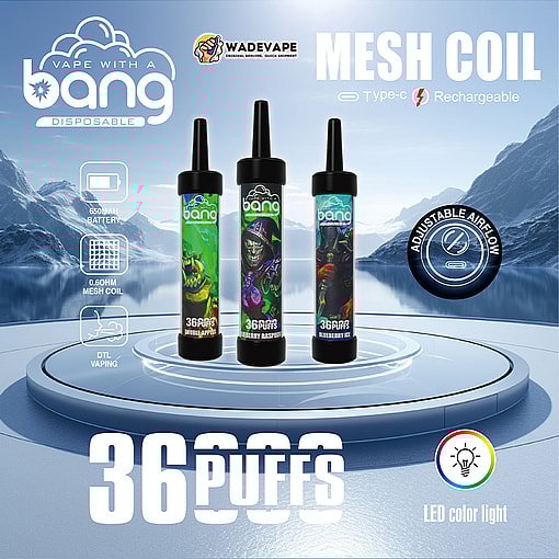 Three disposable 'Bang' vape devices with colourful flavour artwork stand on a circular platform against a misty mountain-lake background, accompanied by bold text reading 36 puffs and Mesh Coil and icons indicating adjustable airflow, LED colour light, 650mAh battery, 0.6Ω mesh coil and Type‑C rechargeable.