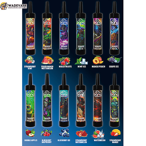 Twelve colourful disposable 'Bang' vape pens with illustrated fantasy-style labels and flavour icons (strawberry kiwi, peach mango watermelon, mixed fruits, mint ice, mango peach, grape ice, double apples, blueberry raspberry, blueberry ice, strawberry watermelon, watermelon, strawberry mango) arranged in two rows against a blue gradient background, each marked '36 puffs' and accompanied by a WadeVape logo in the top-left.