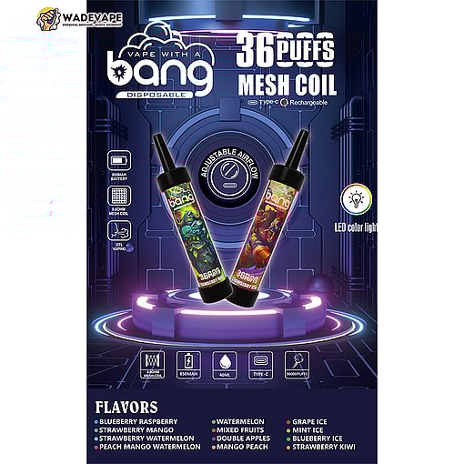 Packaging for Bang disposable vape showing two illustrated vape pens on a neon futuristic stage with prominent '36 puffs' and 'mesh coil' text, adjustable airflow and LED colour light icons, and a flavours list including blueberry raspberry, strawberry mango, watermelon and more.