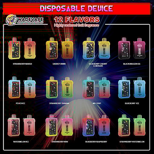 Colourful promotional poster for WADEVAPE showing a grid of 12 disposable vape devices labelled with flavours — Strawberry Mango, Energy Drink, Blueberry Cherry Lemonade, Black Dragon Ice, Peach Ice, Strawberry Banana, Mix Fruit, Blueberry Ice, Watermelon Ice, Strawberry Kiwi, Blueberry Raspberry and Strawberry Watermelon — with a bold header reading DISPOSABLE DEVICE and 12 FLAVOURS over a radiant starburst background.