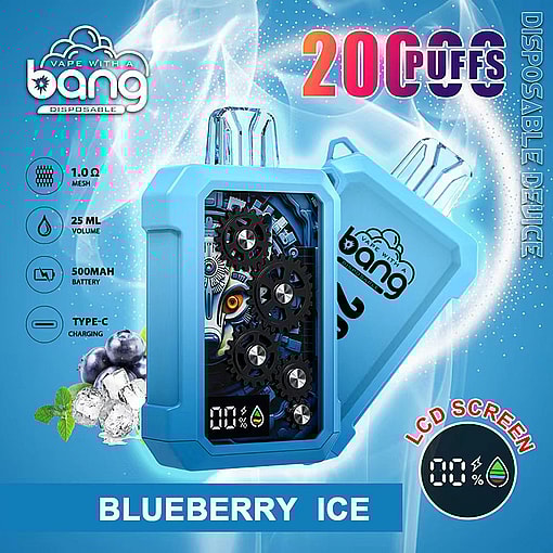 Bright blue Bang disposable vape device shown twice on a frosty background with blueberries and ice cubes, featuring a gears-themed front panel and small LCD readout and marketing text 'Blueberry Ice' and '20,000 puffs', plus icons noting 1.0Ω mesh, 25 ml volume, 500 mAh battery and Type‑C charging.