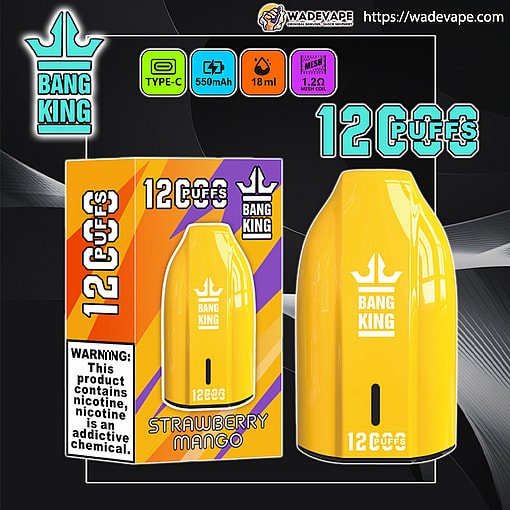 Bright yellow Bang King disposable vape and matching retail box labelled Strawberry Mango, featuring the crown logo, large puff-count text (12,000 puffs), icons for Type‑C, 550 mAh battery, 18 ml e‑liquid and 1.2Ω mesh coil, plus a nicotine warning panel and Wadevape retailer branding.