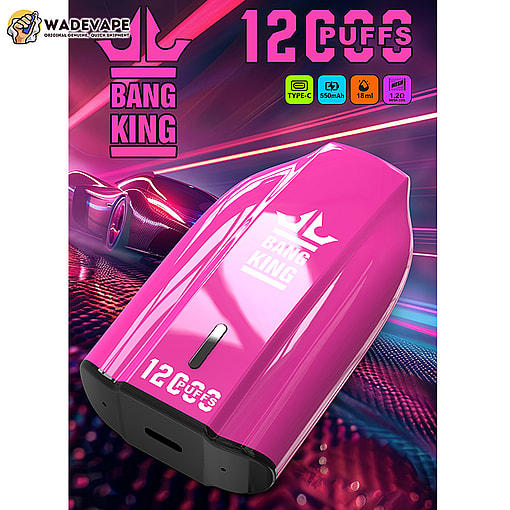 Glossy hot-pink disposable vape device with BANG KING logo and '12 CUFFS' printed on it, featuring a black mouthpiece and shown against a neon-lit racing background with a sports car and motion light streaks