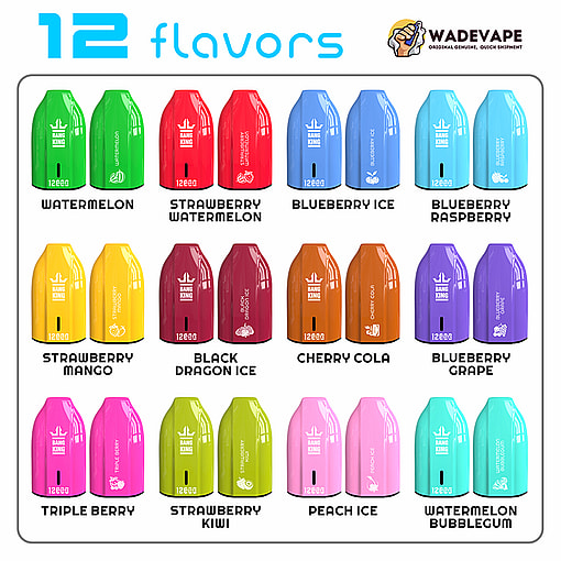 Grid showing 12 colour-coded Bang King disposable vape pods under a "12 flavours" heading with a WadeVape logo, each pair labelled with a flavour — Watermelon; Strawberry Watermelon; Blueberry Ice; Blueberry Raspberry; Strawberry Mango; Black Dragon Ice; Cherry Cola; Blueberry Grape; Triple Berry; Strawberry Kiwi; Peach Ice; and Watermelon Bubblegum.