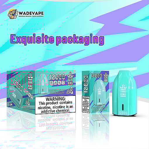 Turquoise and purple retail display showing two Bang King vape boxes and a matching disposable device on a reflective surface, with a large 'Exquisite packaging' headline above, a visible nicotine warning label on the box and the WadeVape logo in the corner