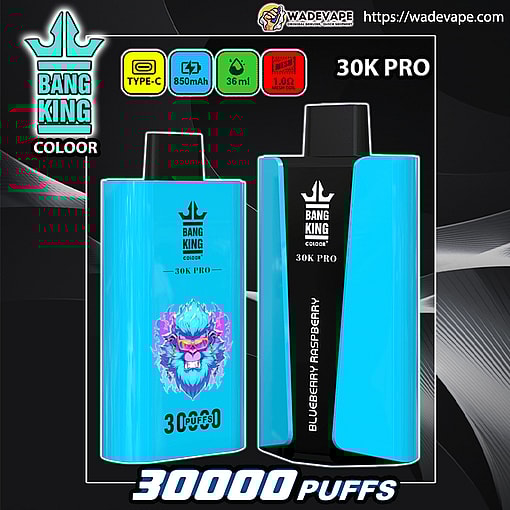 Bright cyan Bang King Coloor 30K Pro disposable vape on a dark background showing two devices — a front view with a blue-purple lion graphic and '30,000 puffs' label and a side view with a black centre panel labelled 'Blueberry Raspberry' — header icons indicate Type‑C charging, 850mAh battery, 36ml e-liquid and 1.0Ω mesh coil, with WadeVape branding.
