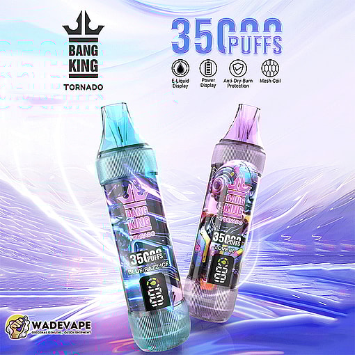 Two colourful Bang King Tornado disposable vape devices against a purple swirling background, each showing a crown logo and prominent "35,000 puffs" label — left in teal marked Blue Razz Ice and right in purple marked Love 66 — with e-liquid/power display icons and a WadeVape logo in the corner