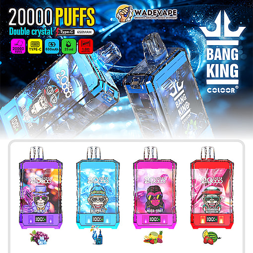 Advertisement for Bang King '20000 PUFFS' double‑crystal disposable vapes showing two large translucent blue devices at the top and four smaller coloured units (purple, cyan, pink, red) with flavour icons, brand logo and technical badges (Type‑C, 650mAh).