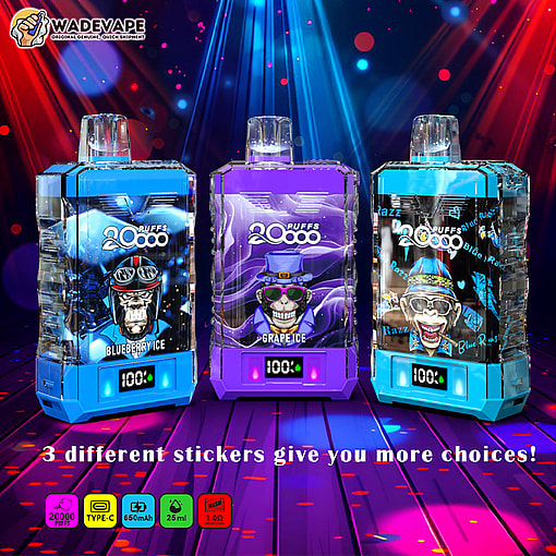 Three brightly coloured rectangular vape devices labelled "20000 puffs" with cartoon monkey stickers (Blueberry Ice, Grape Ice, Blue Razz), digital 100% displays and a WadeVape logo set against neon stage lights, with the caption "3 different stickers give you more choices!"
