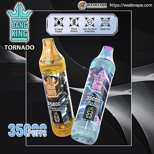 Advertising graphic showing two colourful Bang King Tornado disposable vape devices—one yellow (Peach Ice) and one blue (Blue Razz Ice)—with digital displays and branding, icons across the top for e-liquid display, power display, anti-dry-burn protection and mesh coil, and prominent text noting 35,000 puffs.