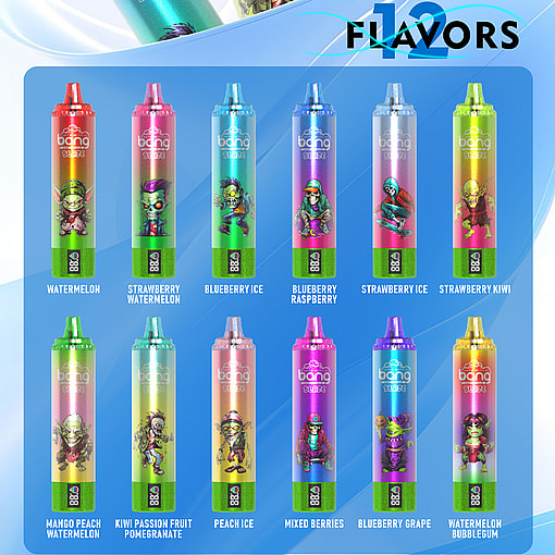 Promotional poster showing 12 colourful Bang disposable vape devices arranged in two rows on a blue gradient background with a '12 flavours' heading; each device sports a unique cartoon character and is labelled beneath with its flavour: Watermelon, Strawberry Watermelon, Blueberry Ice, Blueberry Raspberry, Strawberry Ice, Strawberry Kiwi, Mango Peach Watermelon, Kiwi Passion Fruit Pomegranate, Peach Ice, Mixed Berries, Blueberry Grape and Watermelon Bubblegum.