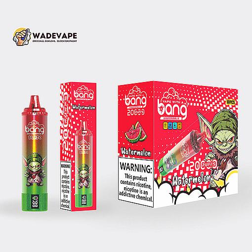 Two red-and-green watermelon-themed disposable vape items — a single cylinder device and its slim retail box on the left and a larger multi-pack display box on the right — branded "Vape with a Bang" with watermelon graphics, a cartoon goblin character and visible nicotine warning labels.
