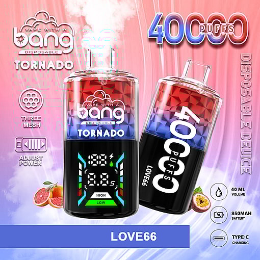 Colourful advertisement showing two Bang Tornado disposable vape devices — one upright emitting vapour and displaying a digital screen with High/Low power indicators, the other tilted and labelled 400 puffs — set against a pink‑purple gradient with icons for three‑mesh, adjustable power, 40 ml, 850 mAh battery and Type‑C charging and small grapefruit and passionfruit images.
