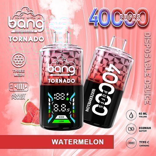 Two pink-red Bang Tornado disposable vape devices with faceted tops, one showing a digital power/level display; labels read 4000 puffs and Watermelon, set against a pink swirled background with a watermelon slice and icons for three-mesh, adjustable power, 40 ml, 850 mAh battery and Type‑C charging.