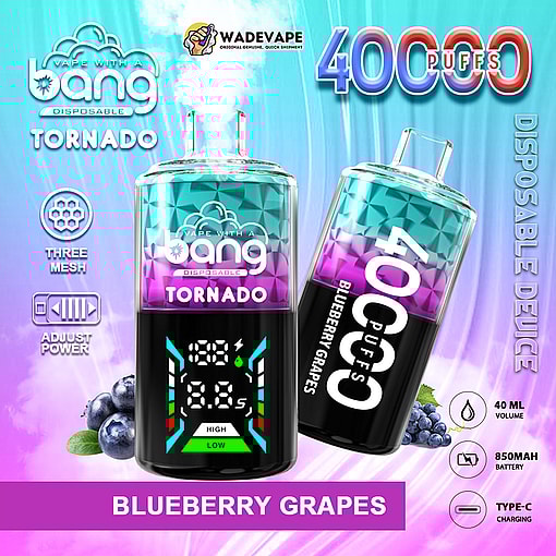 Two colourful Bang Tornado disposable vape devices in teal-to-purple gradient labelled Blueberry Grapes, one showing a digital display, with a prominent “4000 puffs” headline and icons for 40 ml volume, 850 mAh battery and Type‑C charging.