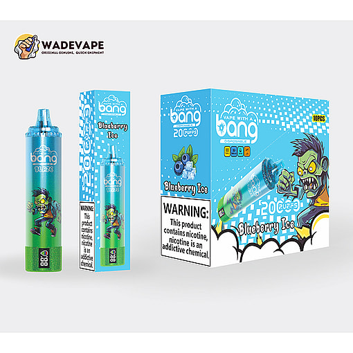 Bright blue-green disposable vape device and matching boxes labelled 'Bang' and 'Blueberry Ice' with cartoon green zombie artwork, blueberry graphics, '20 puffs' branding, a prominent nicotine warning panel and a WadeVape logo in the top-left.