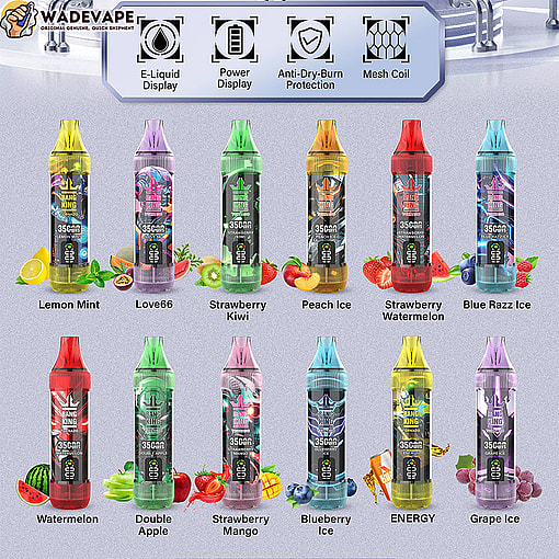 Promotional grid showing 12 colourful disposable vape devices (Bang King) arranged in two rows with matching fruit images and flavour names beneath each, plus a top banner with icons for e-liquid display, power display, anti-dry-burn protection and mesh coil and a WADEVAPE logo in the corner.