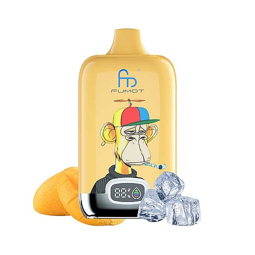 Glossy yellow vape device illustrated with a bored cartoon monkey wearing a multicoloured propeller cap and a cigarette in its mouth, a small digital battery readout at the base, shown alongside mango slices and ice cubes.