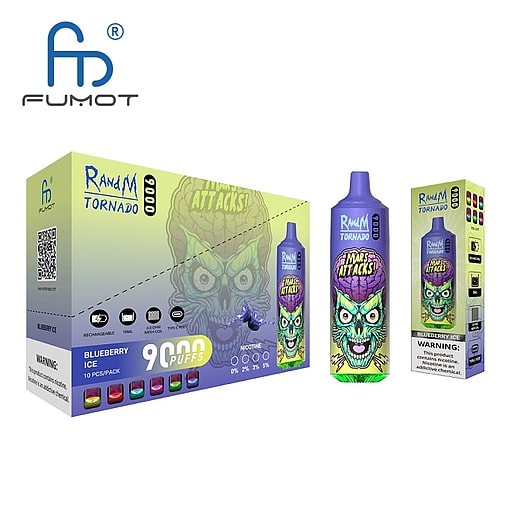 Packaging and two disposable vape devices branded FUMOT 'RandM Tornado' showing a purple bottle-shaped device and boxed pack decorated with a green alien/monster face and 'Mars Attacks' artwork, labelled Blueberry Ice and 90000 puffs.