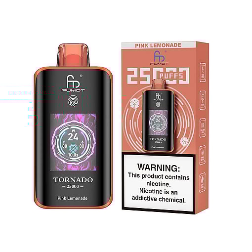 Tornado 25000 disposable vape by Fumot in coral and black with a circular digital display reading 24W and labeled Pink Lemonade, shown beside its matching coral box marked 25,000 puffs and a prominent nicotine warning label.
