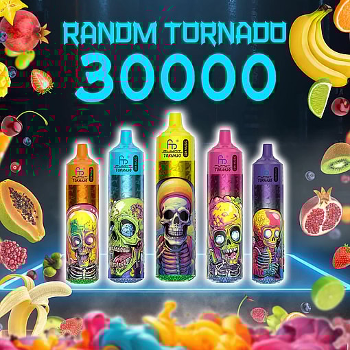 Five brightly coloured disposable vape devices with neon skull and skeleton artwork displayed in a row under glowing text 'RANDOM TORNADO 30000', set against a dark background with scattered tropical fruit illustrations like bananas, pomegranate, kiwi, papaya and strawberries on a glowing neon platform.
