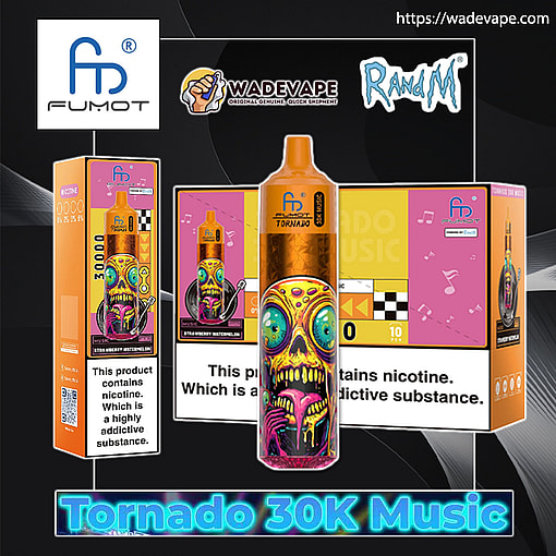 Orange Fumot Tornado 30K Music disposable vape with a vivid psychedelic skull graphic displayed centre, flanked by matching product boxes, brand logos, a nicotine addiction warning and the wadevape.com URL.