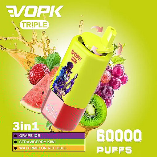 vopk tripe 60000 puffs three flavors switch original genuine 3in1 60k type c charging port led display customizable. fast shipping