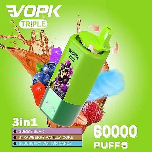 vopk tripe 60000 puffs three flavors switch original genuine 3in1 60k type c charging port led display customizable. fast shipping