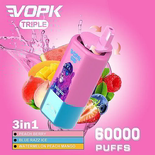 vopk tripe 60000 puffs three flavors switch original genuine 3in1 60k type c charging port led display customizable. fast shipping