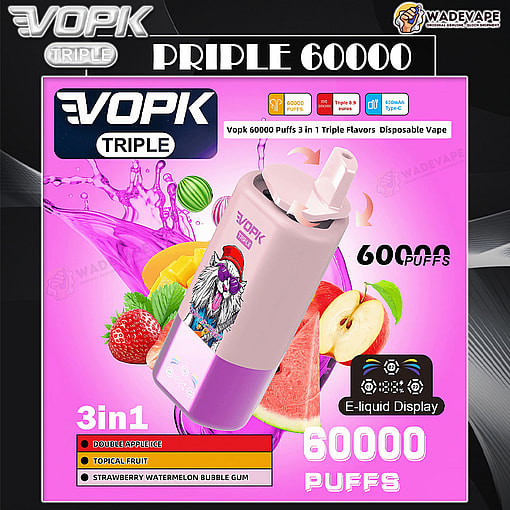 vopk tripe 60000 puffs three flavors switch original genuine 3in1 60k type c charging port led display customizable. fast shipping