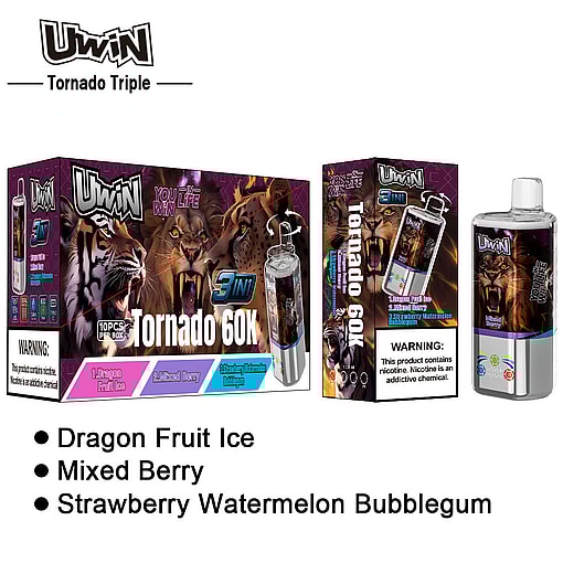 uwin tornado triple 60000 puffs three flavors switching 3in1 original genuine 60k type c charging port led display customizable. fast shipping