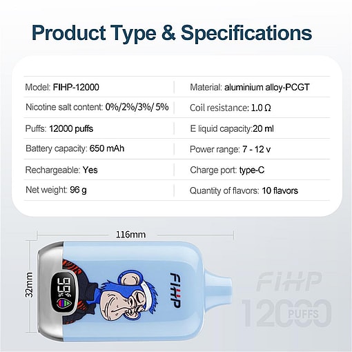 fihp digital 12000 puffs original genuine disposable vape type c charging port fihp 12k customizable fast shipping