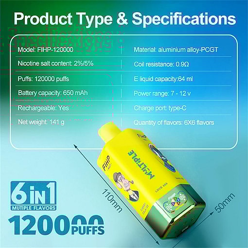 fihp multi 120000 puffs 6in1 flavors original genuine six flavors disposable vape type c charging port fihp 120k customizable fast shipping
