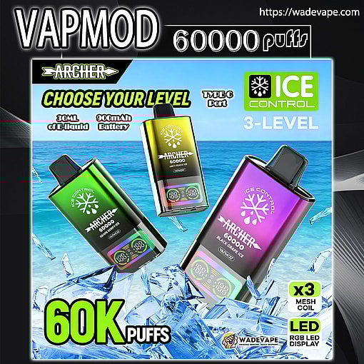 vapmod archer 60000 puffs original archer 60k disposable vape led display type c charging port customizable. fast shipping