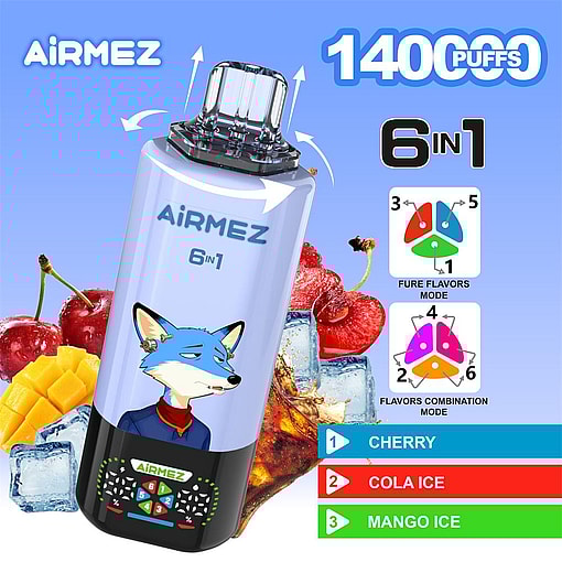 airmez 140000 puffs original airmez 6in1 140k 6 flavors in 1 vape led display type c port disposable e cigarettes customizable. fast shipping