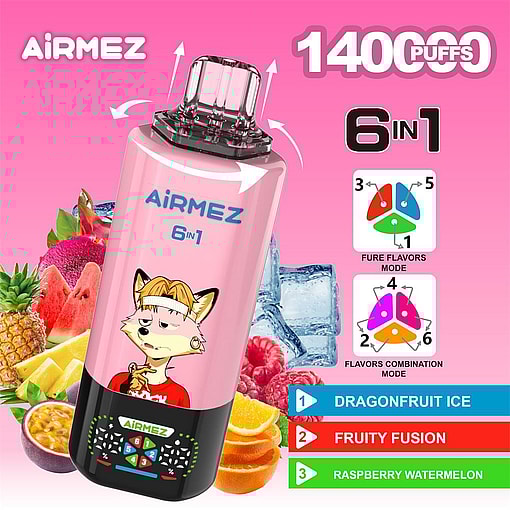 airmez 140000 puffs original airmez 6in1 140k 6 flavors in 1 vape led display type c port disposable e cigarettes customizable. fast shipping