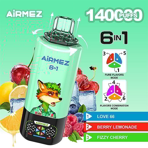 airmez 140000 puffs original airmez 6in1 140k 6 flavors in 1 vape led display type c port disposable e cigarettes customizable. fast shipping