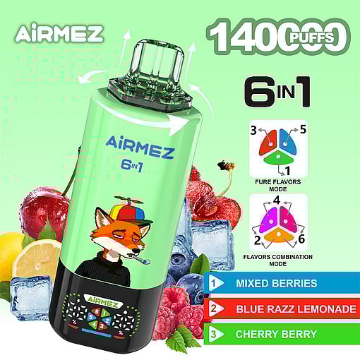 airmez 140000 puffs original airmez 6in1 140k 6 flavors in 1 vape led display type c port disposable e cigarettes customizable. fast shipping