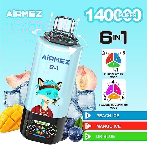 airmez 140000 puffs original airmez 6in1 140k 6 flavors in 1 vape led display type c port disposable e cigarettes customizable. fast shipping