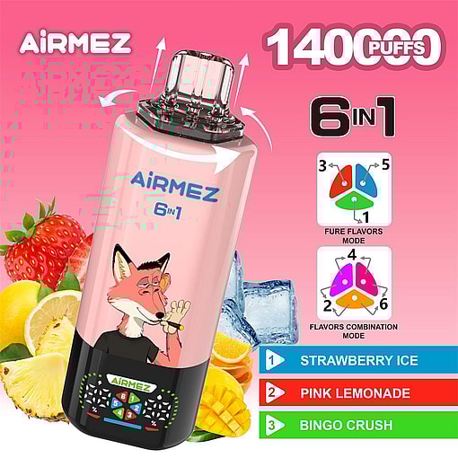 airmez 140000 puffs original airmez 6in1 140k 6 flavors in 1 vape led display type c port disposable e cigarettes customizable. fast shipping