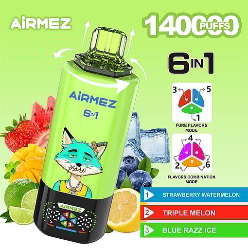 airmez 140000 puffs original airmez 6in1 140k 6 flavors in 1 vape led display type c port disposable e cigarettes customizable. fast shipping