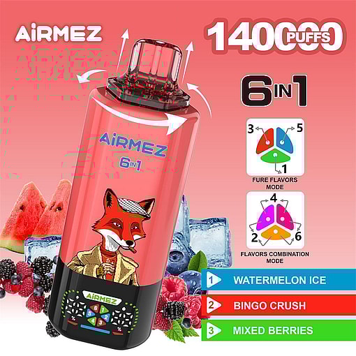 airmez 140000 puffs original airmez 6in1 140k 6 flavors in 1 vape led display type c port disposable e cigarettes customizable. fast shipping