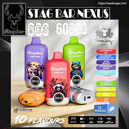 スタッグバー 60000 パフ オリジナルスタッグバー ネクサス 60k ベイプ LED ディスプレイ画面タイプ c ポート使い捨て電子タバコ eu 倉庫 3 5 日配達