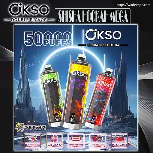 wadevape okso shisha 50000 puffs original okso shisha hookah mega 50k vape led display type c port disposable e cigarettes customizable fast shipping