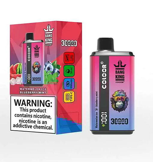 Colourful boxed disposable vape and matching device side by side, both in a pink-to-purple gradient labelled BANG KING COLOOR and 30,000 puffs, showing flavour text Watermelon Ice Blueberry Mint, a stylised monkey wearing sunglasses, and a prominent nicotine warning on the box.